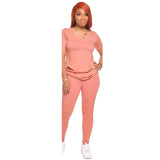Solid V Neck T Shirt And Pants Two Piece Suits GCNF-0041