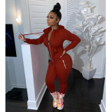Solid Hooded Zipper Two Piece Pants Set GCNF-0049