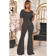Plus Size Solid T Shirt And Flare Pants 2 Piece Sets YIM-244