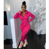 Solid Hooded Zipper Two Piece Pants Set GCNF-0049