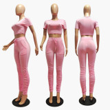 Solid Short Sleeve Stacked Pants 2 Piece Sets GCNF-0048