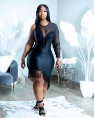 Black Sexy Tassel Single Sleeve Bodycon Dress WSM-5299