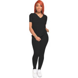 Solid V Neck T Shirt And Pants Two Piece Suits GCNF-0041