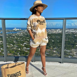 Pink Letter Tie Dye Print Long Sleeve 2 Piece Shorts Set YIM-246