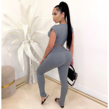 Plus Size Solid Short Sleeve Two Piece Pants Set GCNF-0055