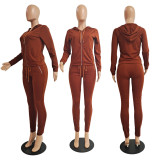 Solid Hooded Zipper Two Piece Pants Set GCNF-0049