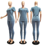 Solid V Neck T Shirt And Pants Two Piece Suits GCNF-0041