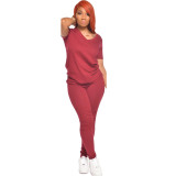 Solid V Neck T Shirt And Pants Two Piece Suits GCNF-0041