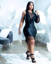 Black Sexy Tassel Single Sleeve Bodycon Dress WSM-5299