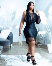 Black Sexy Tassel Single Sleeve Bodycon Dress WSM-5299