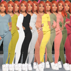 Solid V Neck T Shirt And Pants Two Piece Suits GCNF-0041
