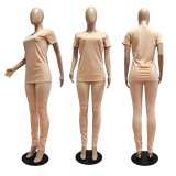 Solid V Neck T Shirt And Pants Two Piece Suits GCNF-0041