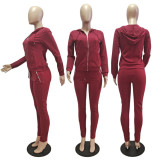 Solid Hooded Zipper Two Piece Pants Set GCNF-0049