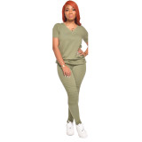 Solid V Neck T Shirt And Pants Two Piece Suits GCNF-0041