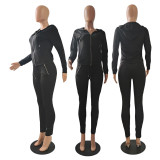 Solid Hooded Zipper Two Piece Pants Set GCNF-0049