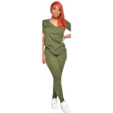 Solid V Neck T Shirt And Pants Two Piece Suits GCNF-0041