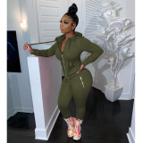 Solid Hooded Zipper Two Piece Pants Set GCNF-0049