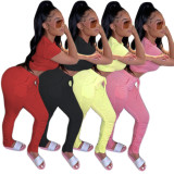 Solid Short Sleeve Stacked Pants 2 Piece Sets GCNF-0048