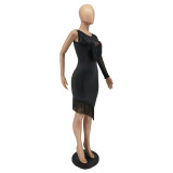 Black Sexy Tassel Single Sleeve Bodycon Dress WSM-5299