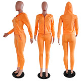 Solid Hooded Zipper Two Piece Pants Set GCNF-0049