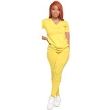 Solid V Neck T Shirt And Pants Two Piece Suits GCNF-0041