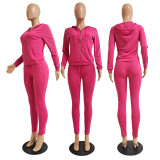 Solid Hooded Zipper Two Piece Pants Set GCNF-0049