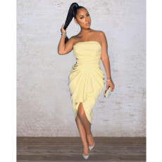 Tube Top Solid Color Smocked Midi Dress GDYF-6984