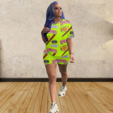 Plus Size Letter Print Two Piece Shorts Set GCNF-0015