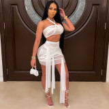 Sexy Tube Top Tie Up See-Through Mesh Mini Skirt Suit GDYF-6997
