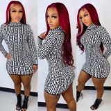 Geometric Print Long Sleeve Slim Mini Dress LUO-3213