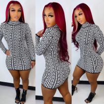 Geometric Print Long Sleeve Slim Mini Dress LUO-3213