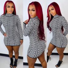 Geometric Print Long Sleeve Slim Mini Dress LUO-3213