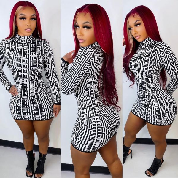 Geometric Print Long Sleeve Slim Mini Dress LUO-3213