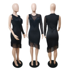 Plus Size Sexy Slim Fit Mesh See-Through Splice Fringe Dress GDYF-6934