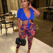 Sexy Crop Top+Printed Pants Two Piece Sets MEM-88421