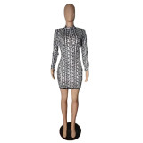 Geometric Print Long Sleeve Slim Mini Dress LUO-3213