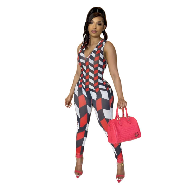 Plaid Print Fashion Sexy Slim Fit Sleeveless Jumpsuit GDYF-6961