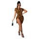 Fashion Sexy Double Zipper Short Sleeve Leopard Print Dress GDYF-6990