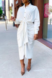 Solid Long Sleeve Folds Long Shirt Dress OMY-81003