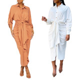 Solid Long Sleeve Folds Long Shirt Dress OMY-81003