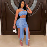 Sexy Tube Top Tie Up See-Through Mesh Mini Skirt Suit GDYF-6997
