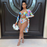 Fashion Sexy Print Cloak Bikini Swimsuit Three-piece Set GDYF-6991