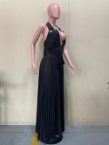 Chiffon Black Halter Backless Pleated Maxi Dress OLYF-96091