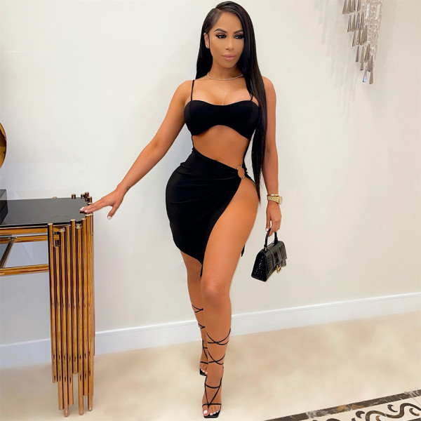 Solid Color Sexy Sling Nightclub Slit Mini Dress GDYF-6974