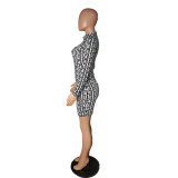 Geometric Print Long Sleeve Slim Mini Dress LUO-3213