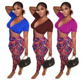 Sexy Crop Top+Printed Pants Two Piece Sets MEM-88421