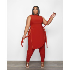 Plus Size Solid Color Tie Up Tank Top And Pants Two Piece Sets GDYF-6935
