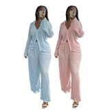 Solid Color Loose Casual Home Flared Sleeve Shirt Set GDYF-6941