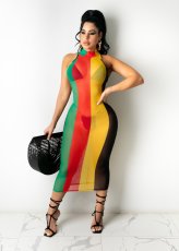 Sheer Sexy Mesh Striped Print Sleeveless Midi Dress GDYF-6994