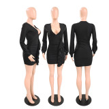 Solid Color V-Neck Sexy Long Sleeve Ruffle Dress GDYF-6946